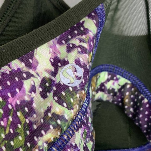 Lululemon Flow Y Sports Bra Floral Multi Gator Green Luon Workout FLAW Size 6 - Picture 5 of 8